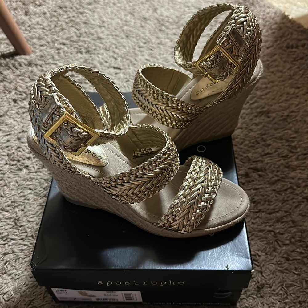 Gold braided wedge sandals